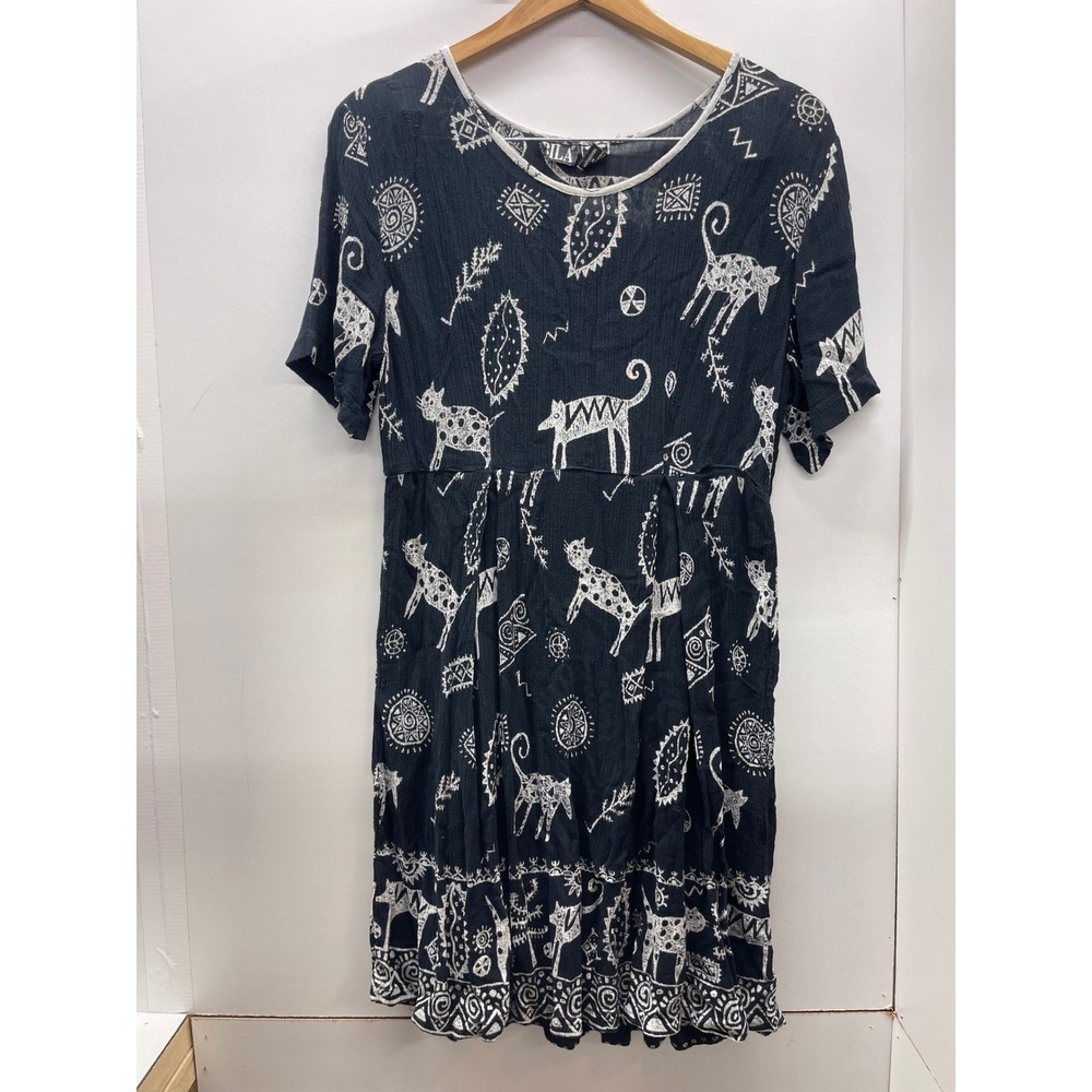 Bila Vintage 90's Black White Cat Tribal Print Rayon Dress Tie Back M